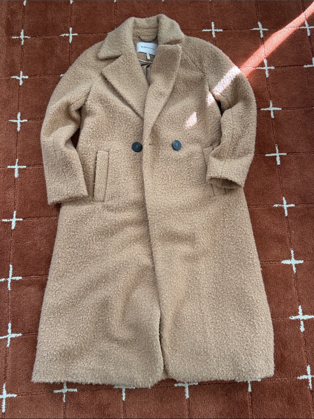 BCBGMaxAzria Camel Teddy Double-Breasted Teddy Coat